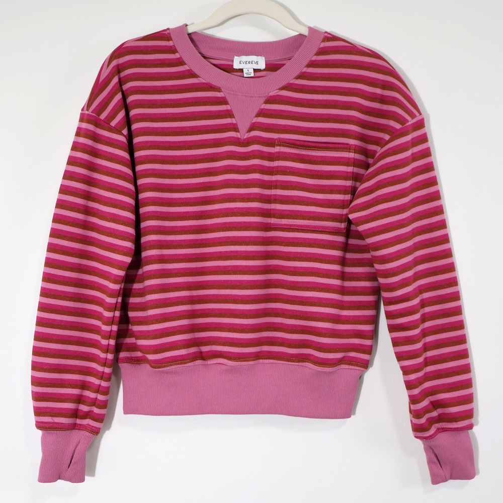 Evereve Pink Brown Striped French Terry Sweatshirt Pocket Pullover Womens Small